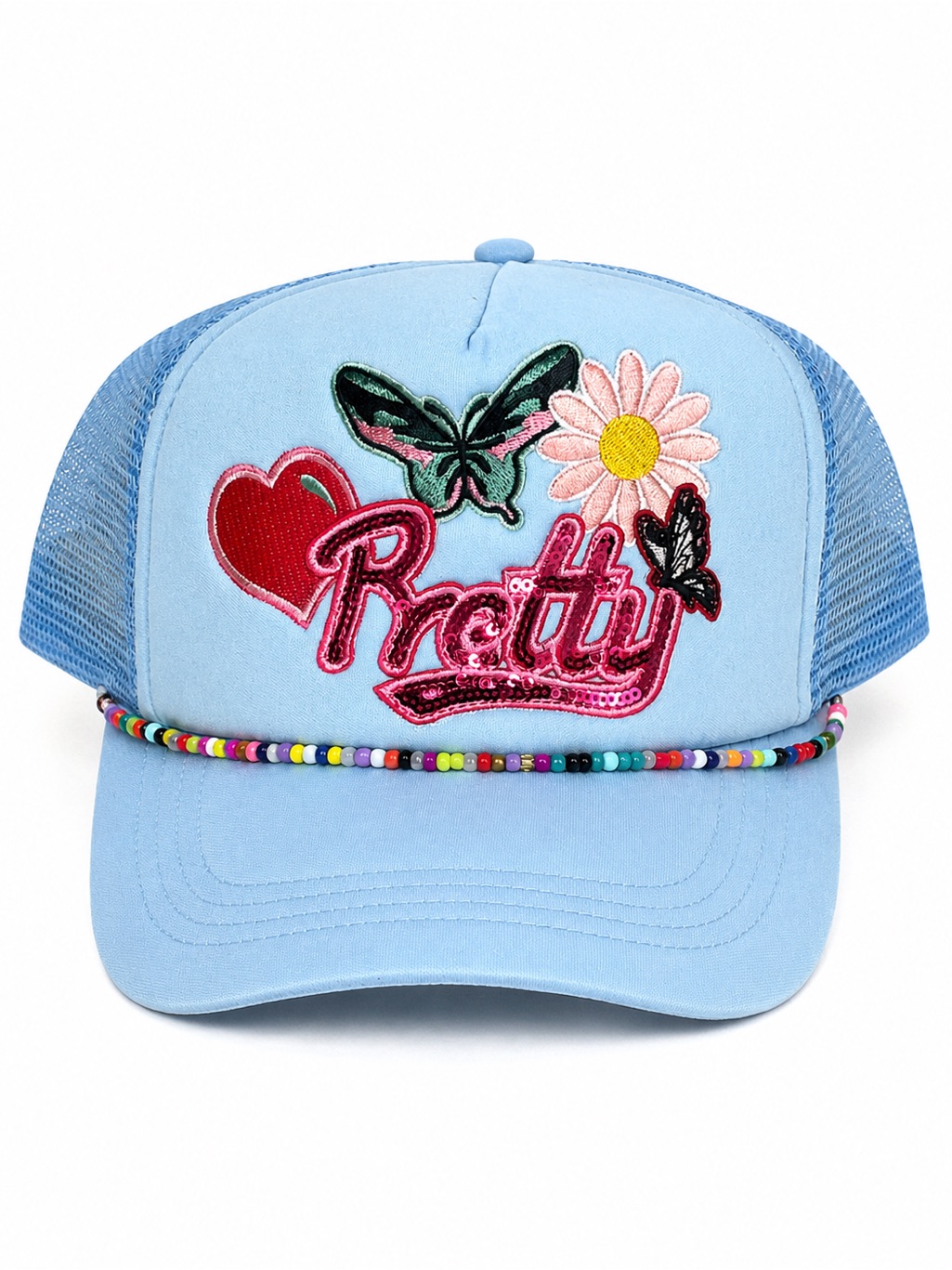 Embroidered Blue Trucker Hat With Beaded Detail Pretty